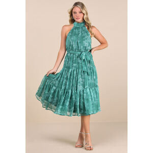 Lulus Float To You Green Floral Print Halter Tiered Midi Dress - Size XXL